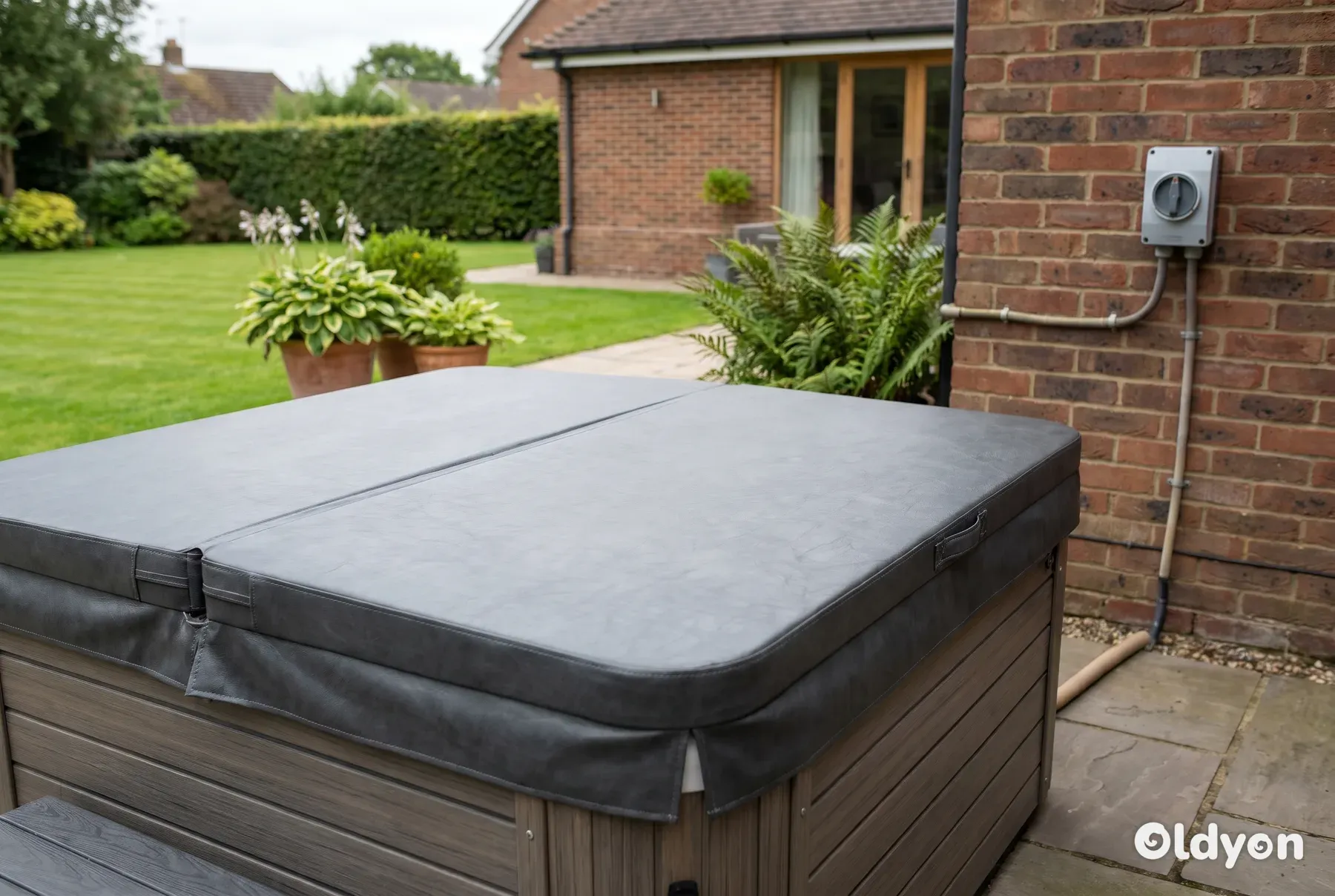 Hardwired hot tub with a closed grey cover beside a weatherproof isolator switch on a brick wall in a British garden