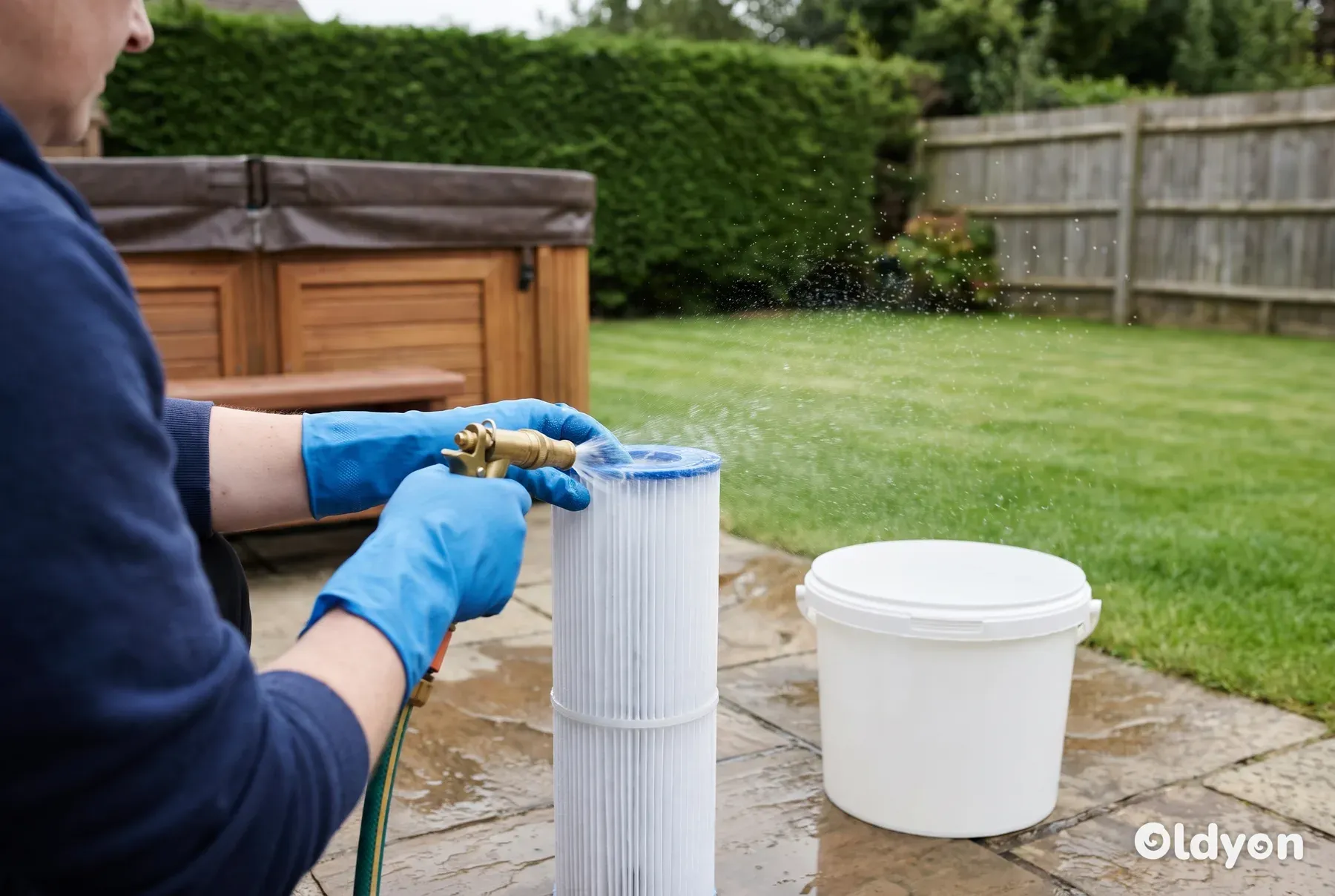 Manos con guantes enjuagando un filtro de jacuzzi plisado limpio con una manguera de jardín en un patio junto a un jacuzzi cubierto