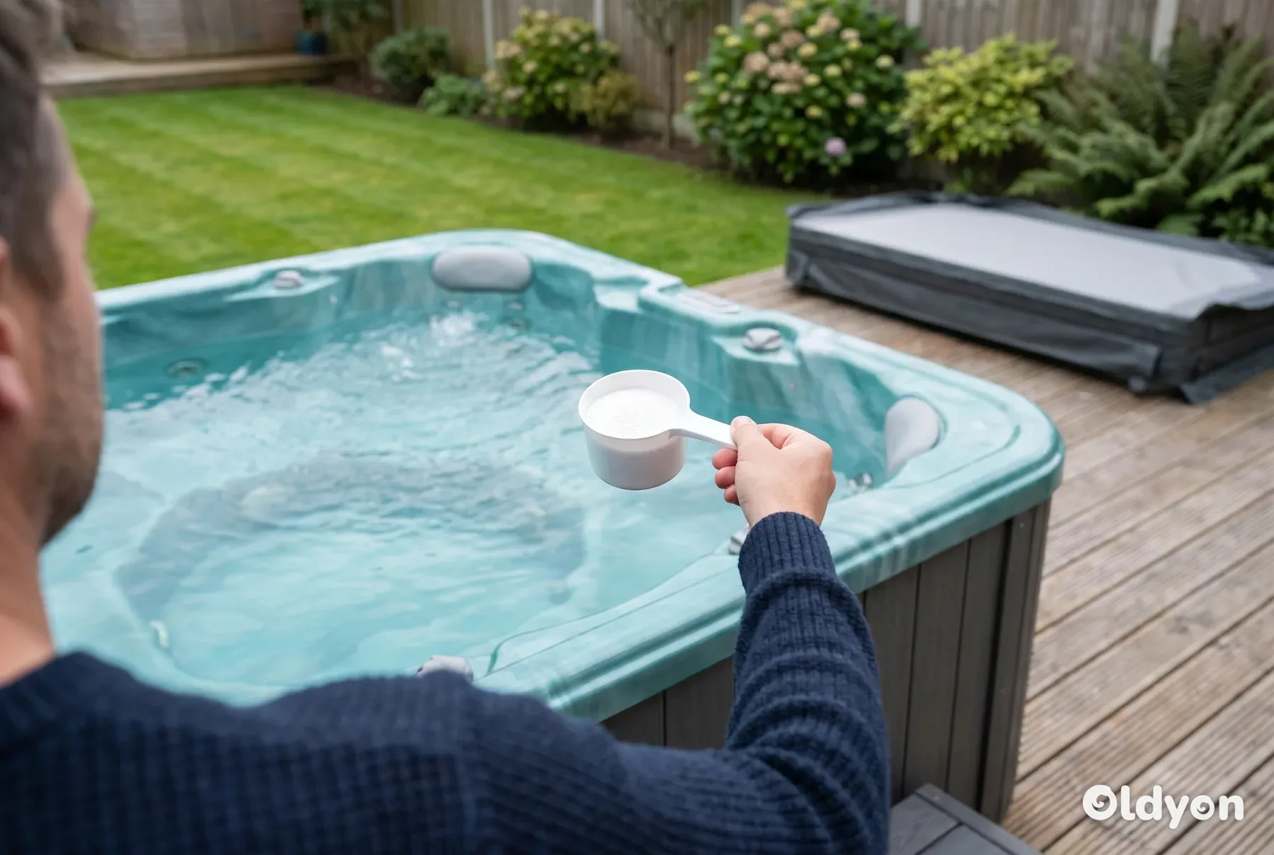 Hände von hinten gesehen, die einen Messlöffel über das klare Frischwasser eines Whirlpools in einem britischen Garten halten