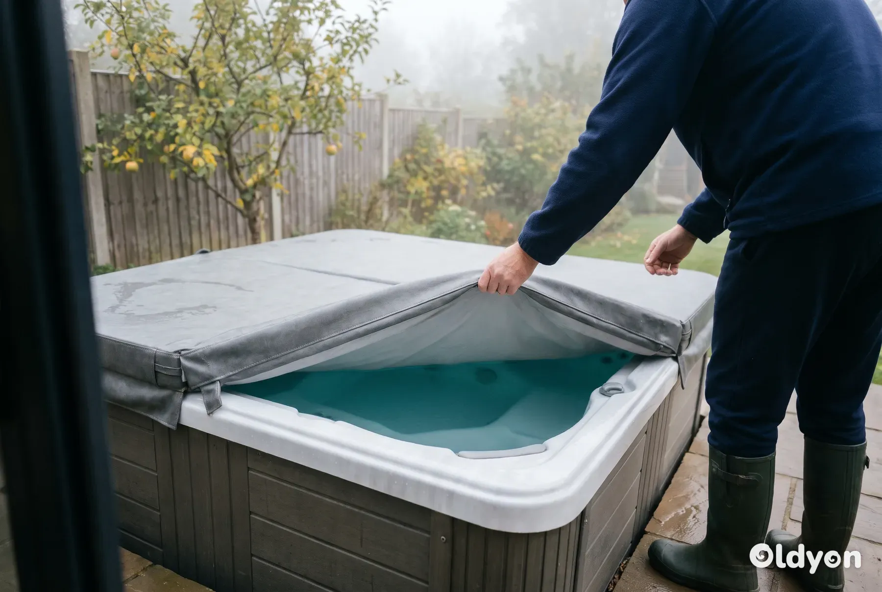 Person seen from behind folding back a grey hot tub cover in a quiet British garden on a misty autumn morning