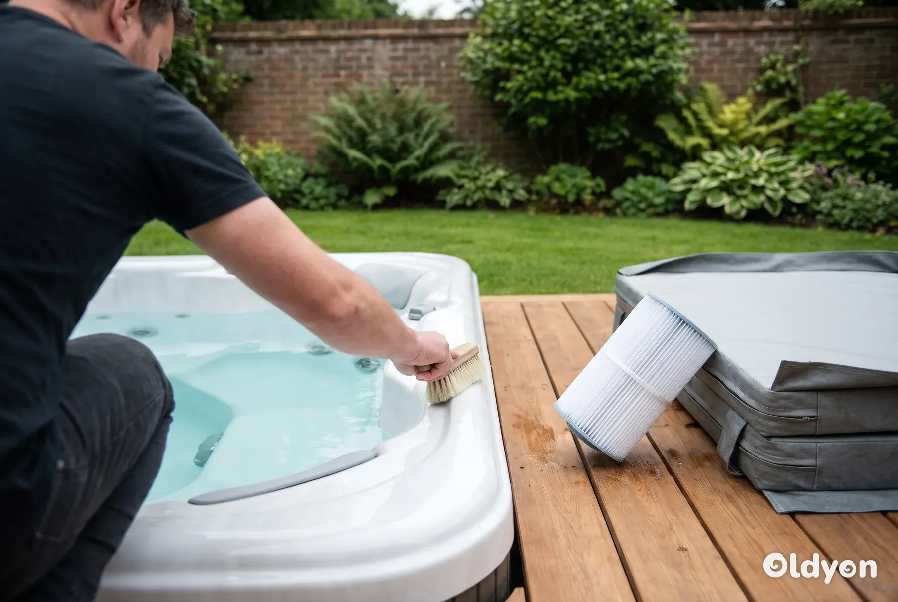 Person von hinten gesehen, die die Innenwand eines teilweise entleerten Whirlpools in einem britischen Garten bürstet