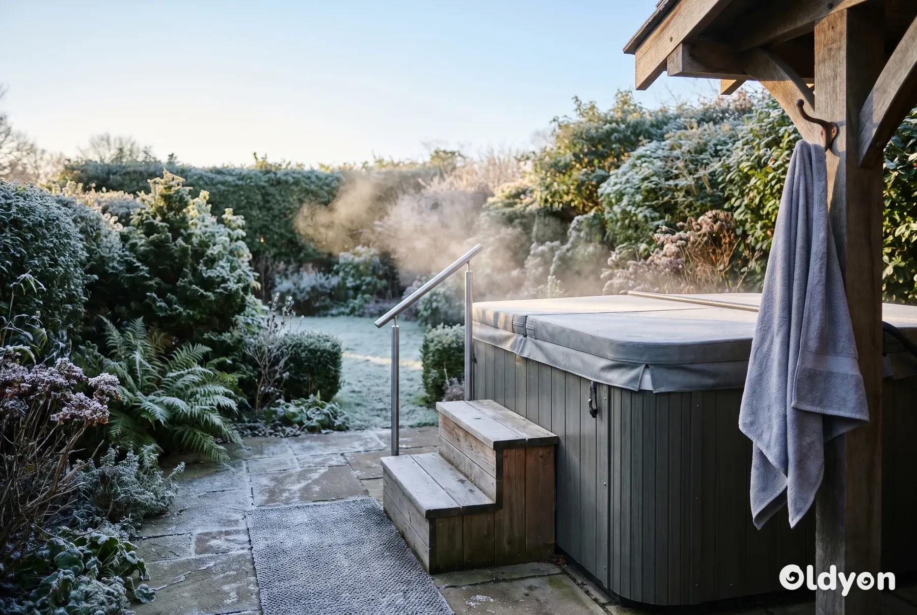 Bañera de hidromasaje cubierta en un patio escarchado de un jardín británico, con escalones con gravilla, un pasamanos y una toalla colgada cerca