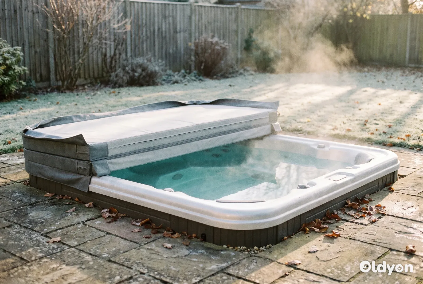 Steam rising from a hard-shell hot tub with its lid folded back on a frosty autumn morning in a British garden
