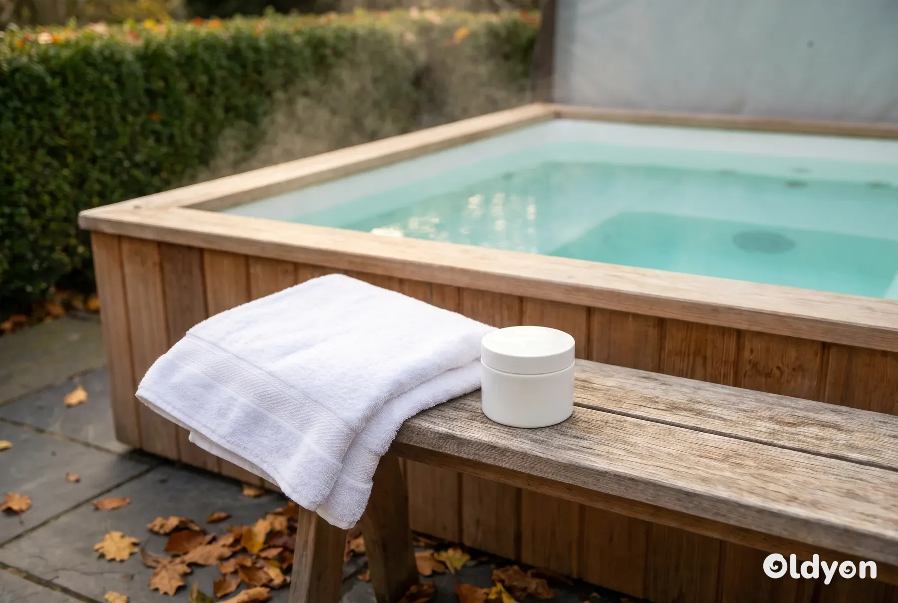 Toalla blanca doblada y un tarro sencillo de crema hidratante sobre un banco de madera junto a un jacuzzi humeante en un jardín británico