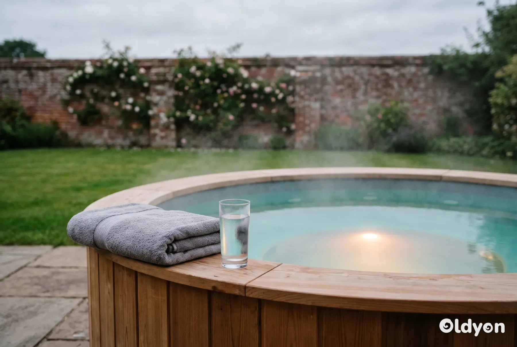 Steaming hot tub in a British garden at dusk, with a folded towel and a glass of water on the edge