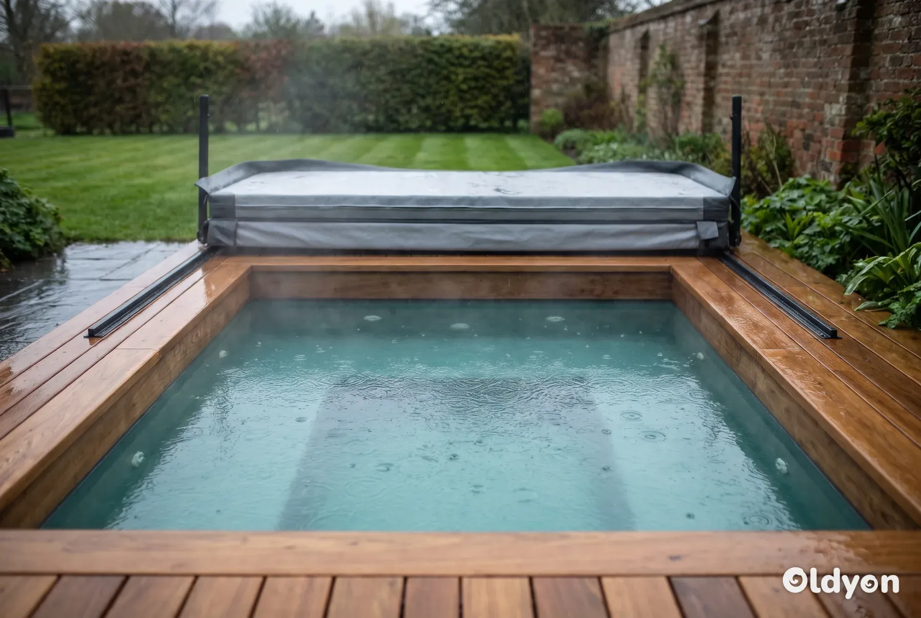 Vapor que se eleva de un jacuzzi abierto en una tarima de madera en un jardín británico durante una lluvia ligera