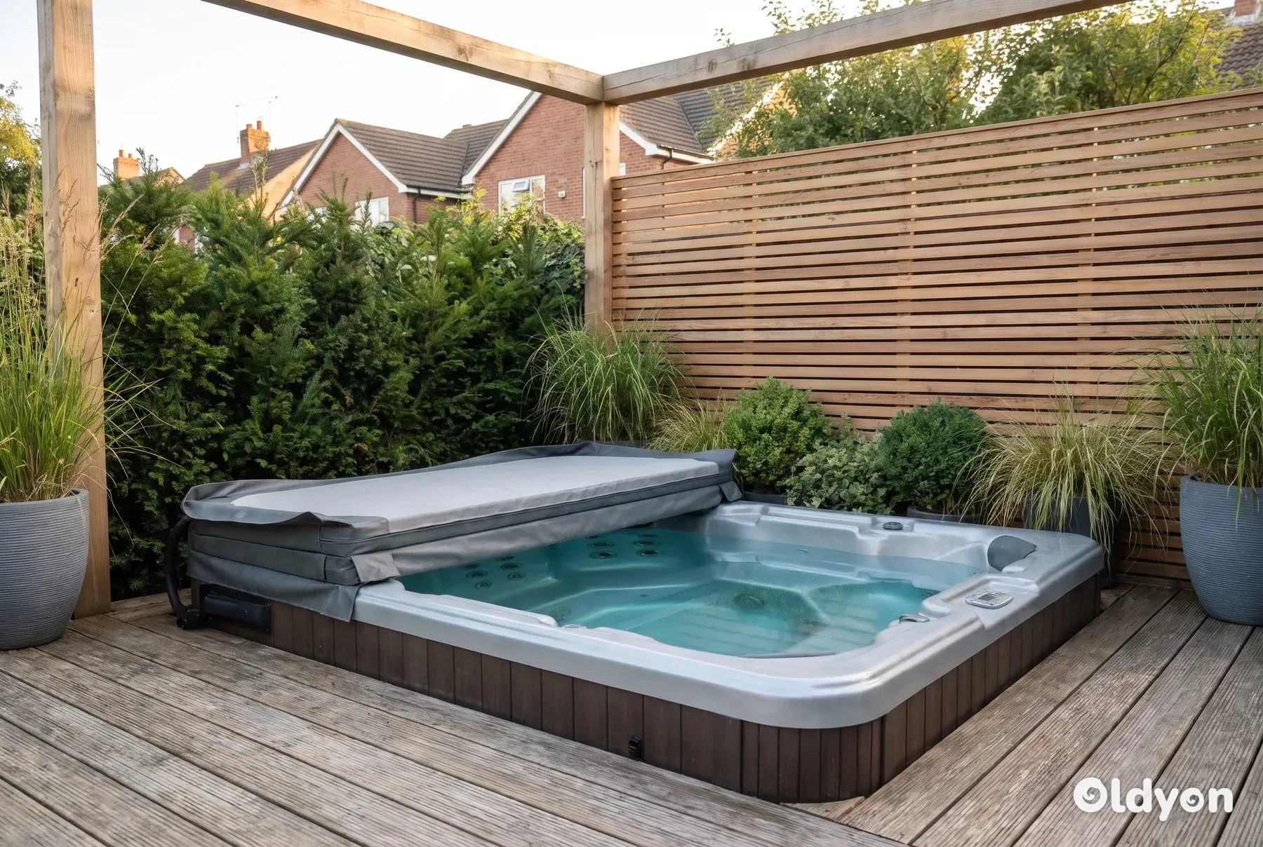 Whirlpool auf einer Holzterrasse hinter einem Lamellensichtschutz aus Holz und immergrüner Bepflanzung in einem privaten britischen Garten
