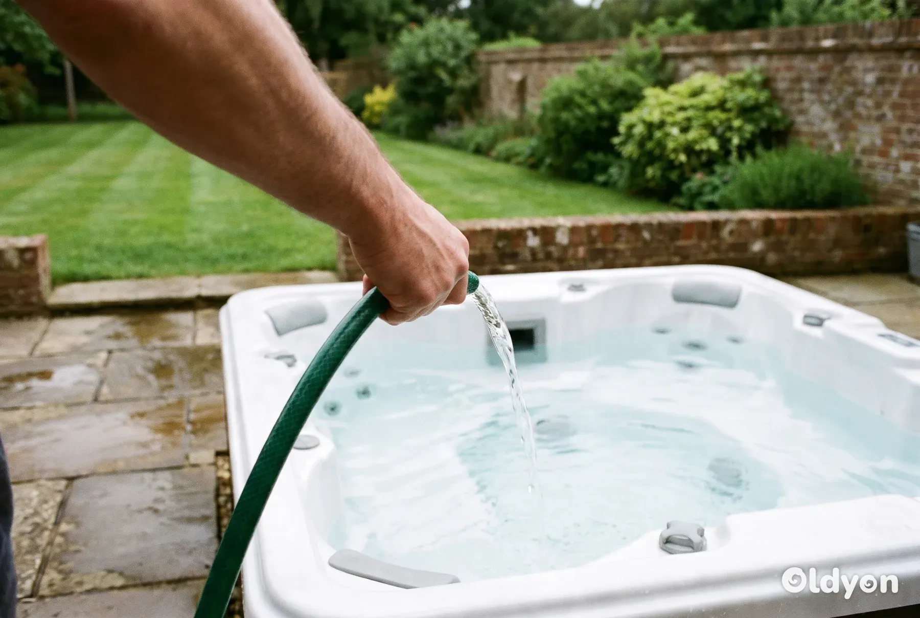 Une main tenant un tuyau d'arrosage au-dessus du bord d'un spa en acrylique qui se remplit d'eau claire dans un jardin britannique