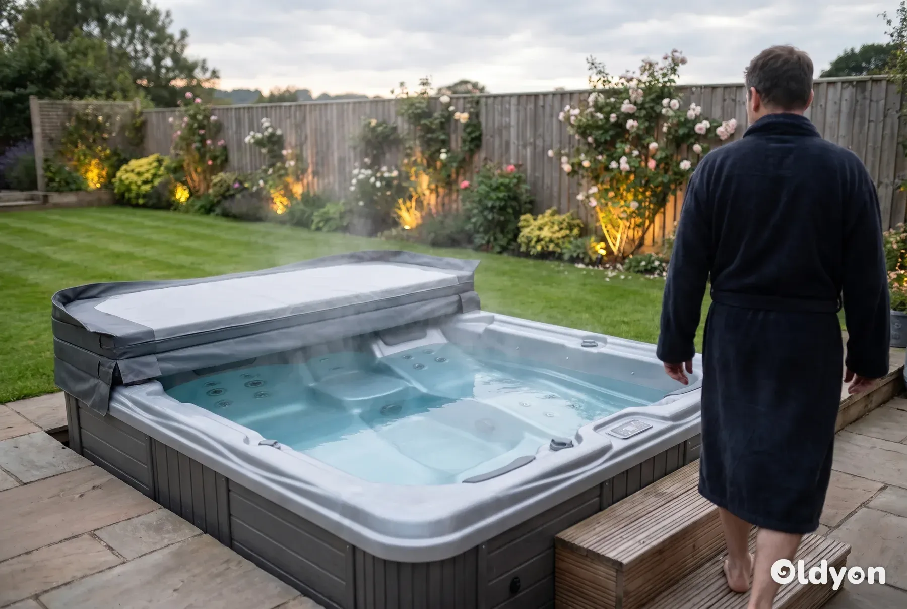 Spa carré de sept places avec une place allongée sur une terrasse en pierre dans un jardin britannique, vapeur s'élevant au crépuscule