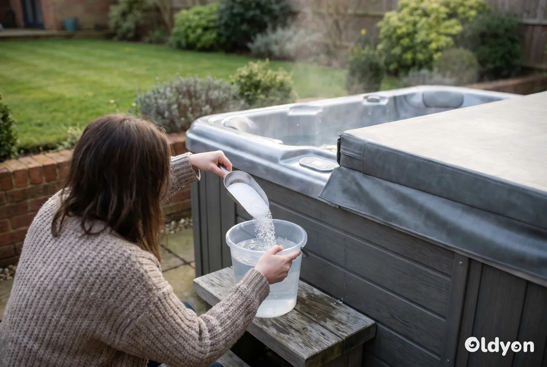 Hände schütten weißes Salzgranulat aus einer Schaufel in einen durchsichtigen Wassereimer neben einem Whirlpool in einem britischen Garten