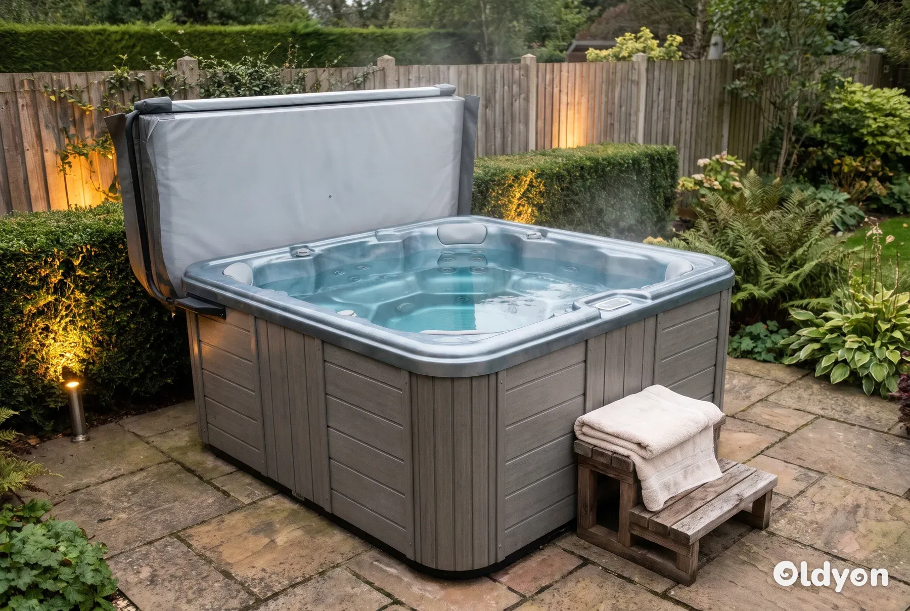 Spa carré de quatre places avec sa couverture repliée sur une terrasse en pierre dans un jardin anglais verdoyant par une soirée calme