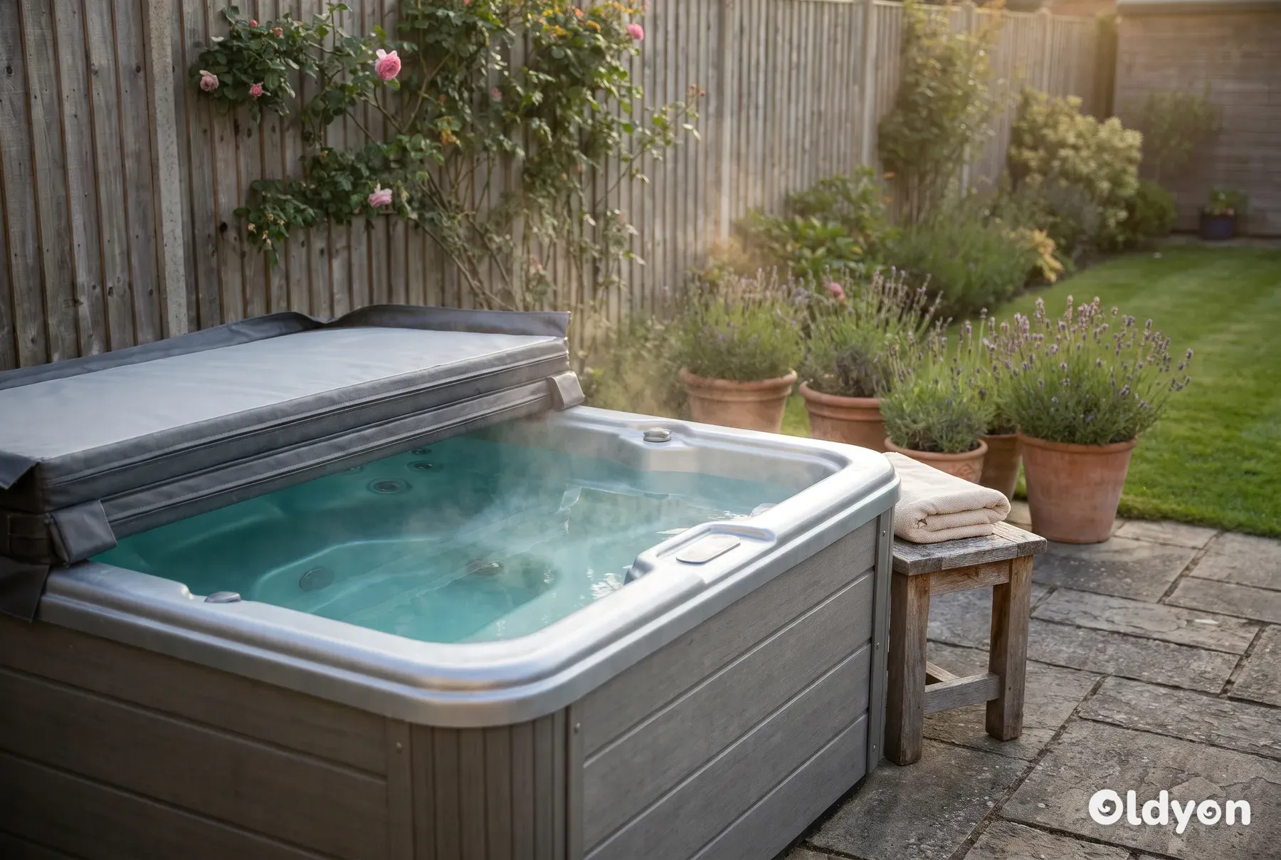 Un spa carré compact avec sa couverture repliée sur une terrasse en pierre dans un petit jardin anglais clos de murs