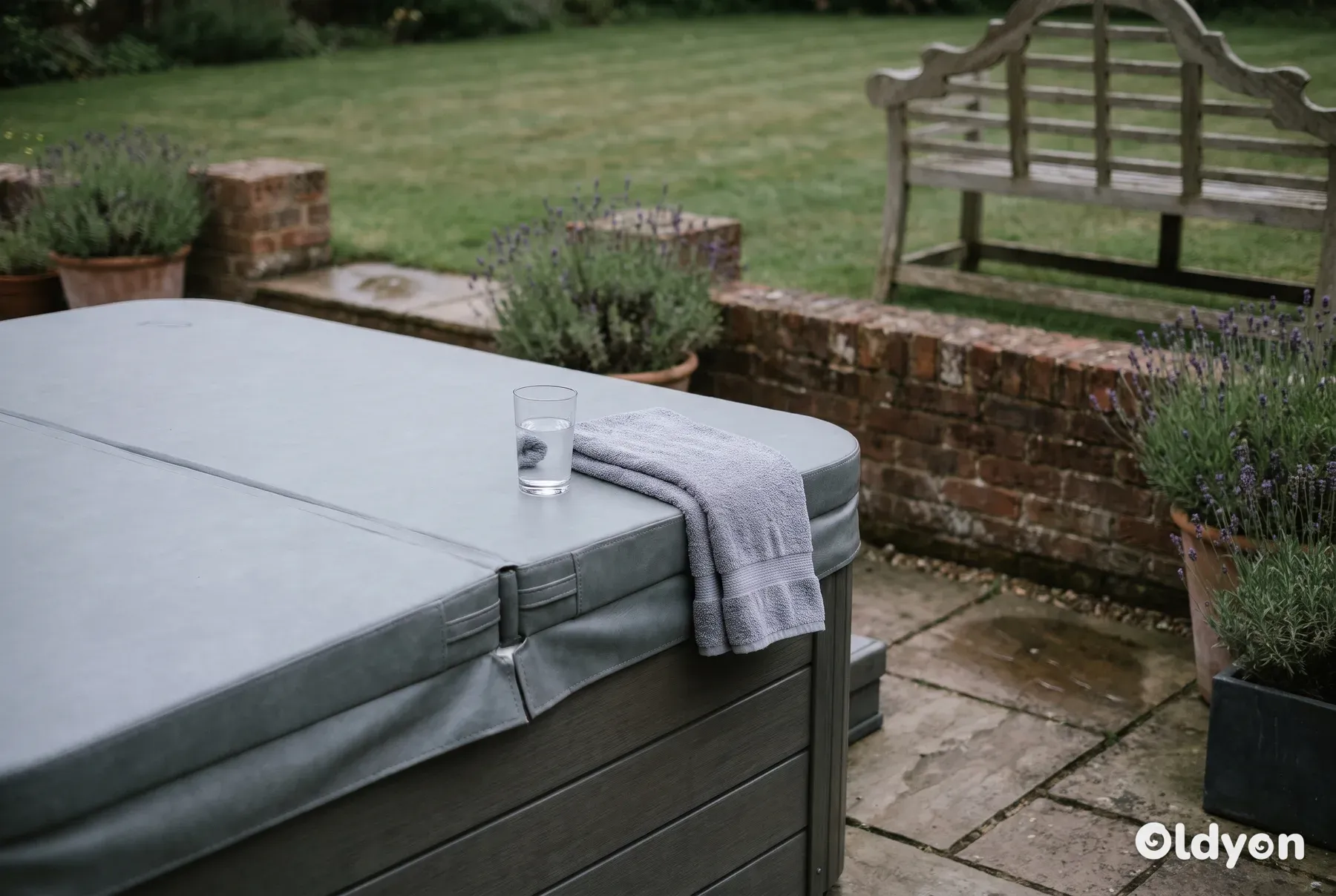 A covered hot tub on a British garden patio with a glass of water and a folded towel resting on the side