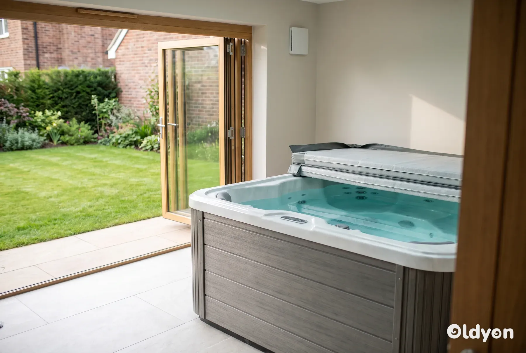Whirlpool mit zurückgeklappter Abdeckung in einem hellen Gartenzimmer mit Fliesenboden und offenen Glastüren zu einem britischen Garten