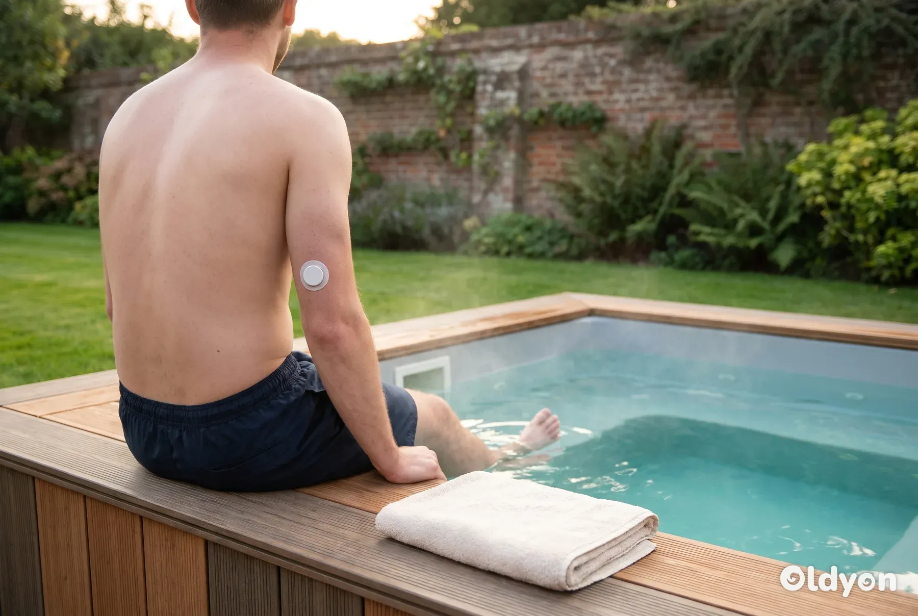 Persona vista de espaldas en el borde de un jacuzzi de jardín, con un pequeño sensor MCG redondo en la parte posterior del brazo