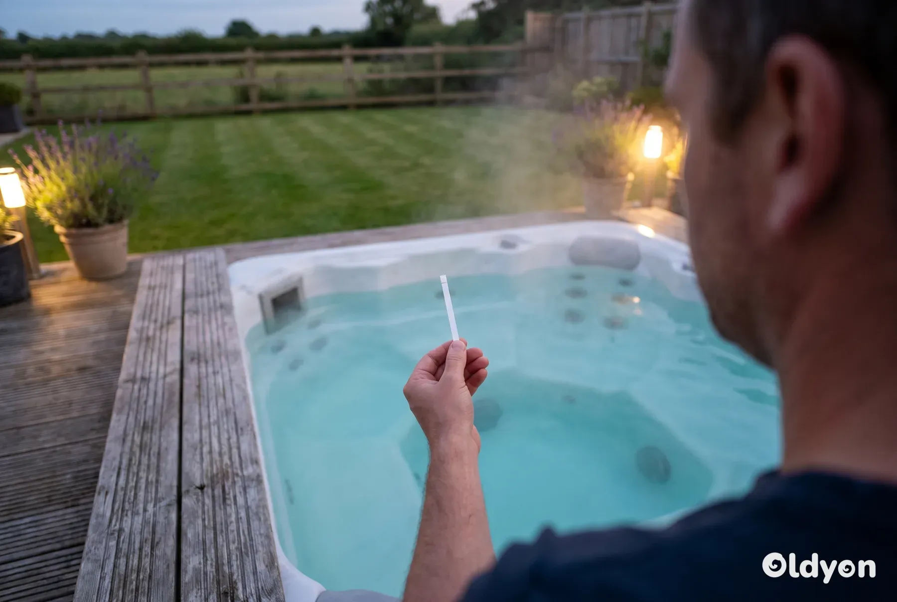 Mano que sostiene una tira reactiva de agua sobre el agua clara y humeante de un jacuzzi en un jardín británico al anochecer