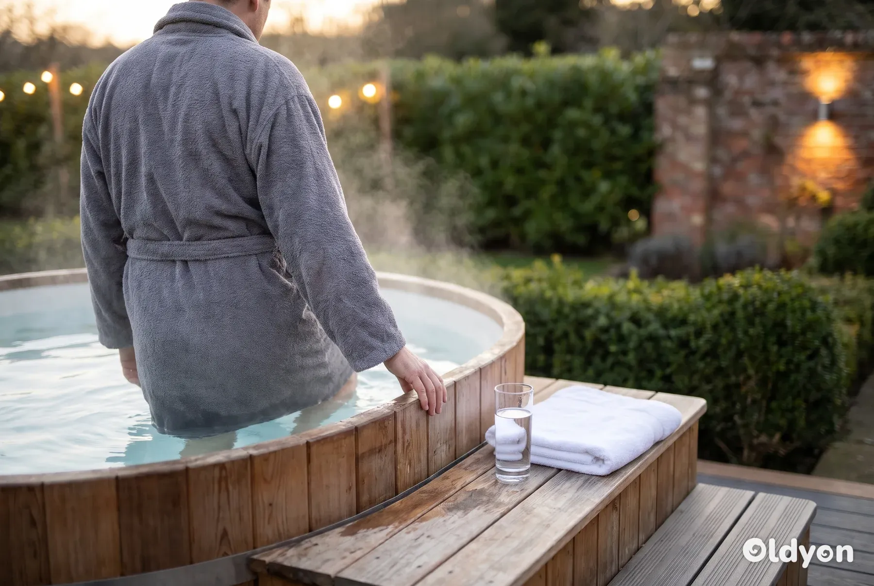 Steaming hot tub in a British garden at dusk, with a glass of water and a folded towel on the edge