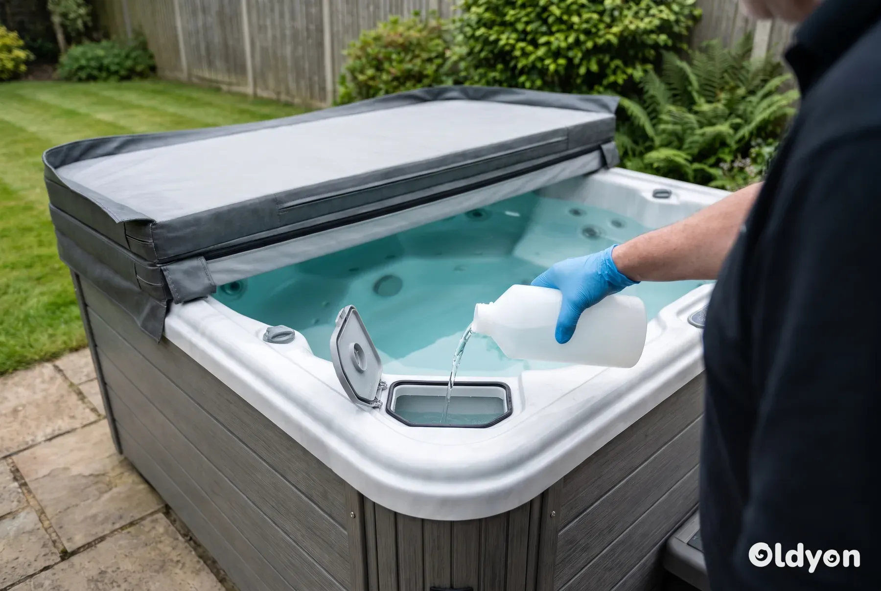 Main gantée versant un liquide transparent d'une bouteille ordinaire dans le compartiment du filtre d'un spa dans un jardin britannique