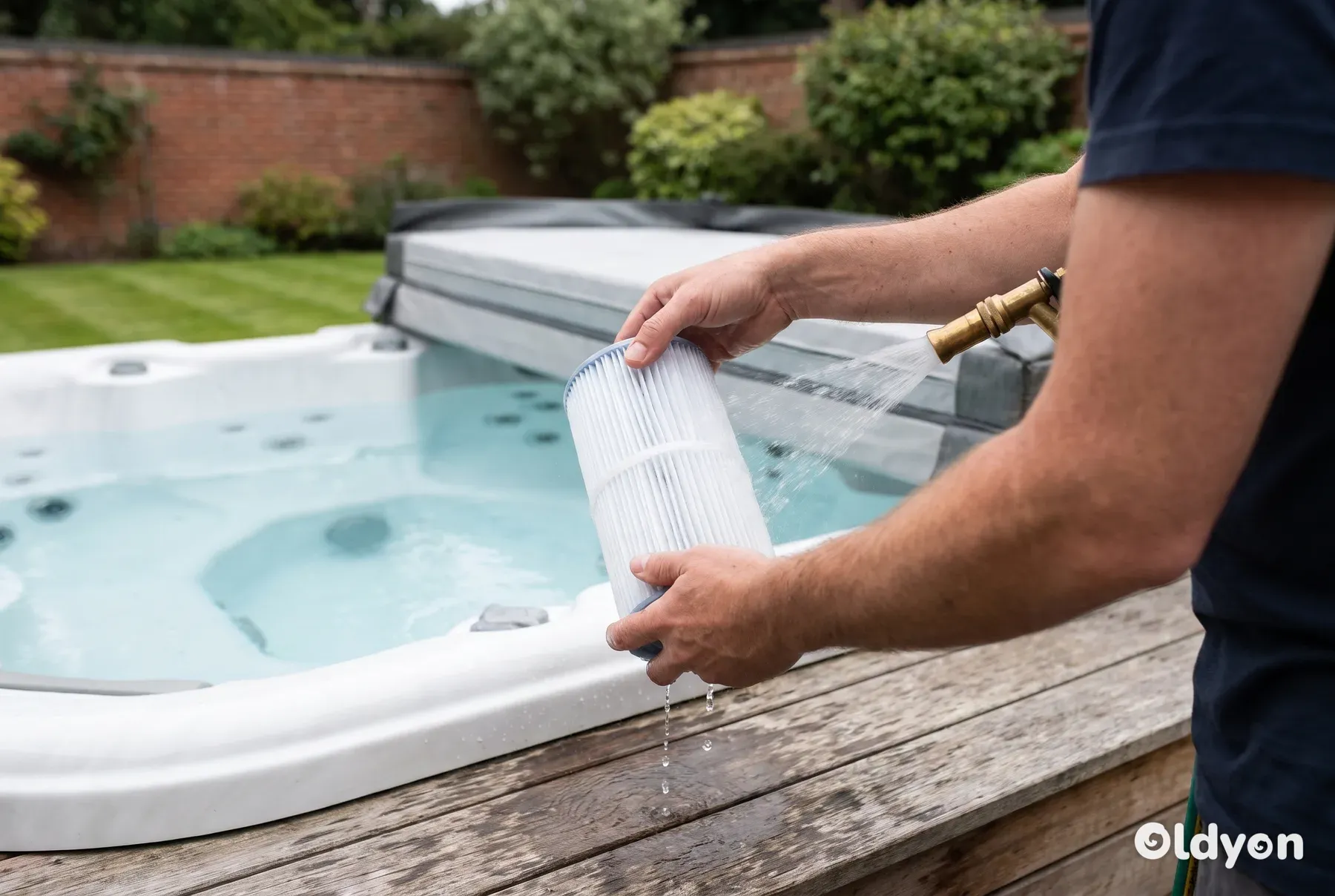 Hände spülen einen gefalteten Whirlpool-Filter mit einem Gartenschlauch neben einem leeren, sauberen Whirlpool in einem britischen Garten