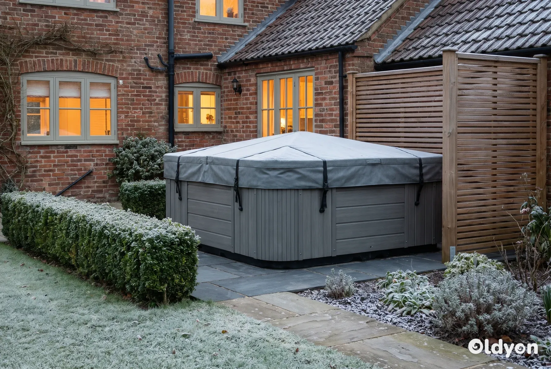 Un spa rigide avec une épaisse couverture fermée à côté d'une pelouse givrée dans un jardin britannique abrité au crépuscule