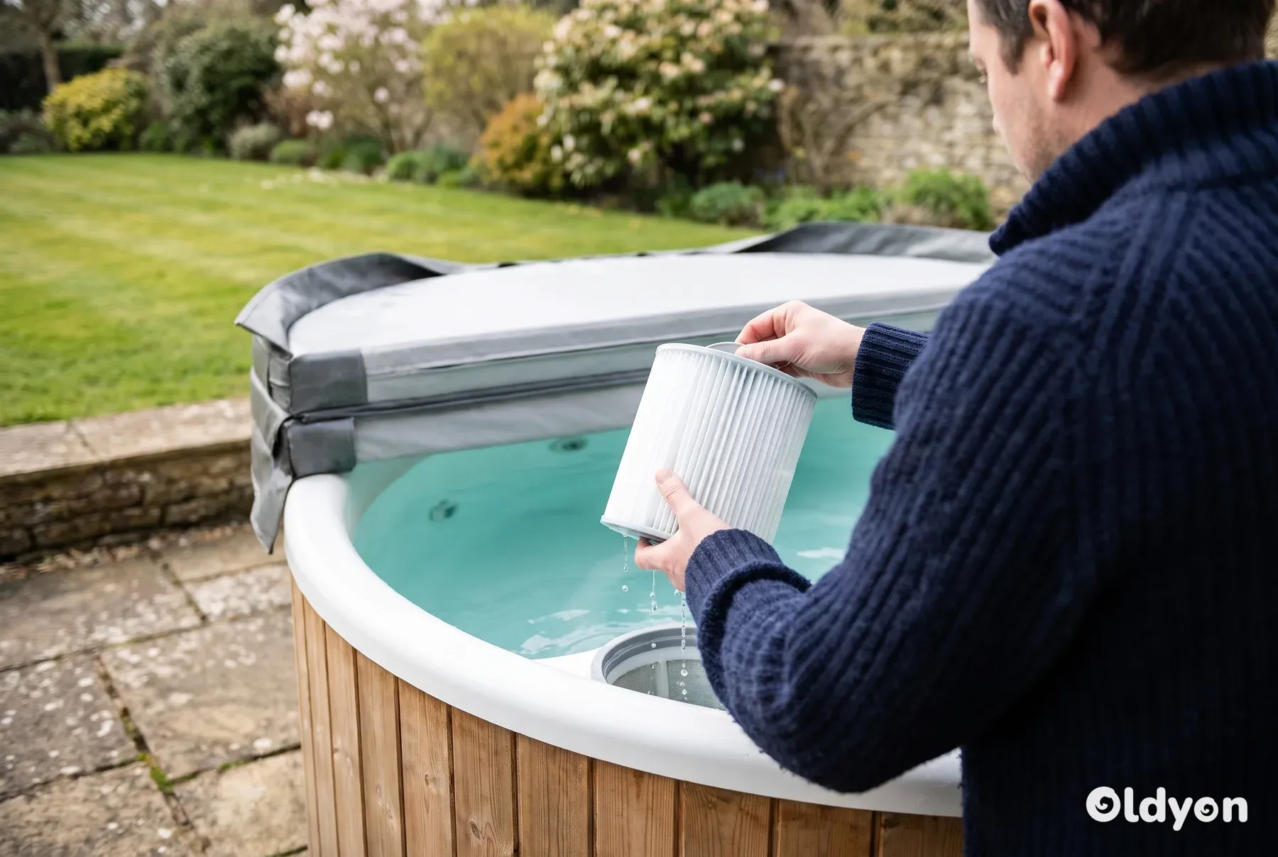 Hände heben eine saubere, weiße, gefaltete Filterkartusche aus einem Whirlpool auf einer sonnigen britischen Gartenterrasse