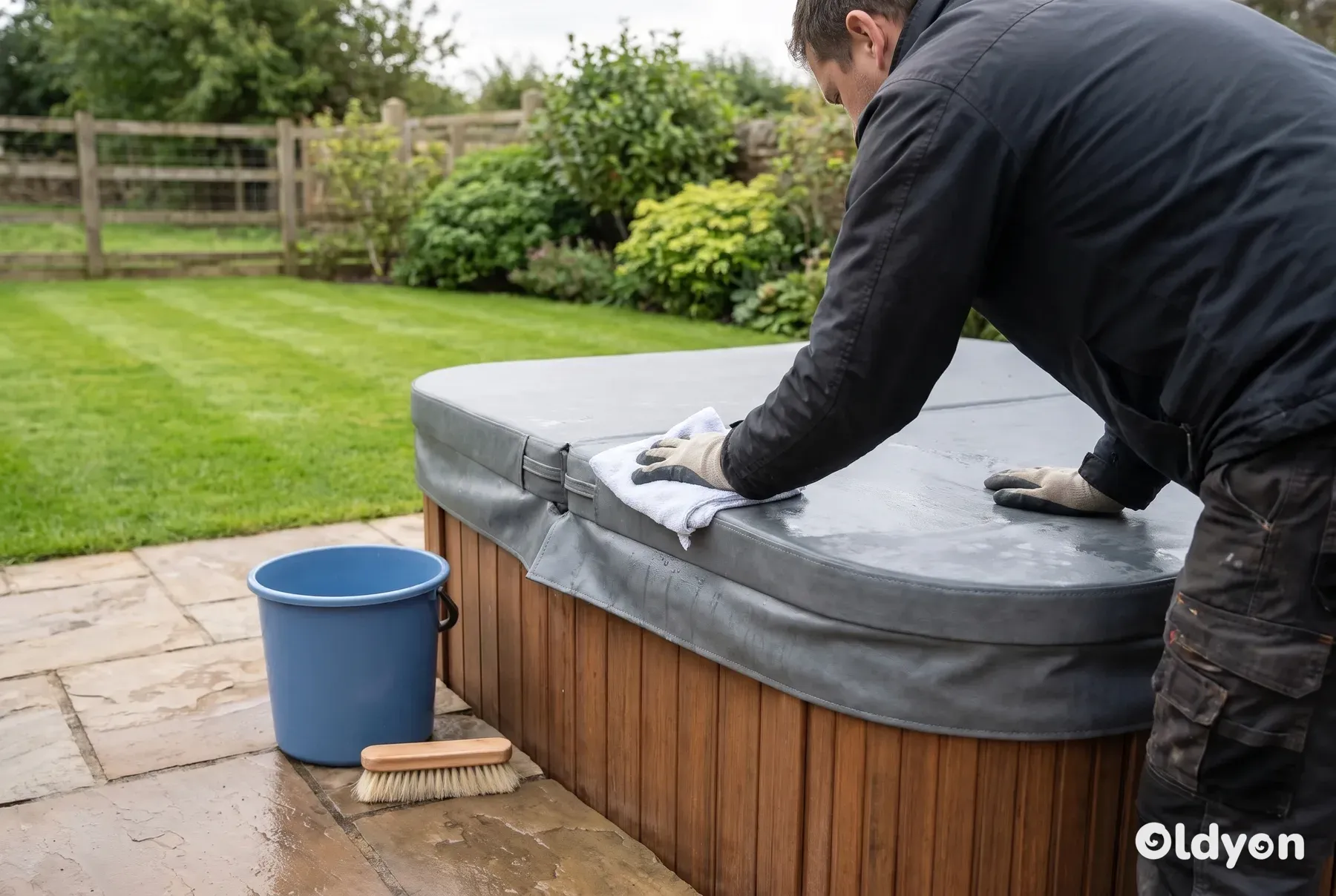 Hände, die mit einem weichen Tuch eine graue Whirlpool-Abdeckung aus Vinyl auf einer Gartenterrasse abwischen, mit einem Eimer und Rasen im Hintergrund