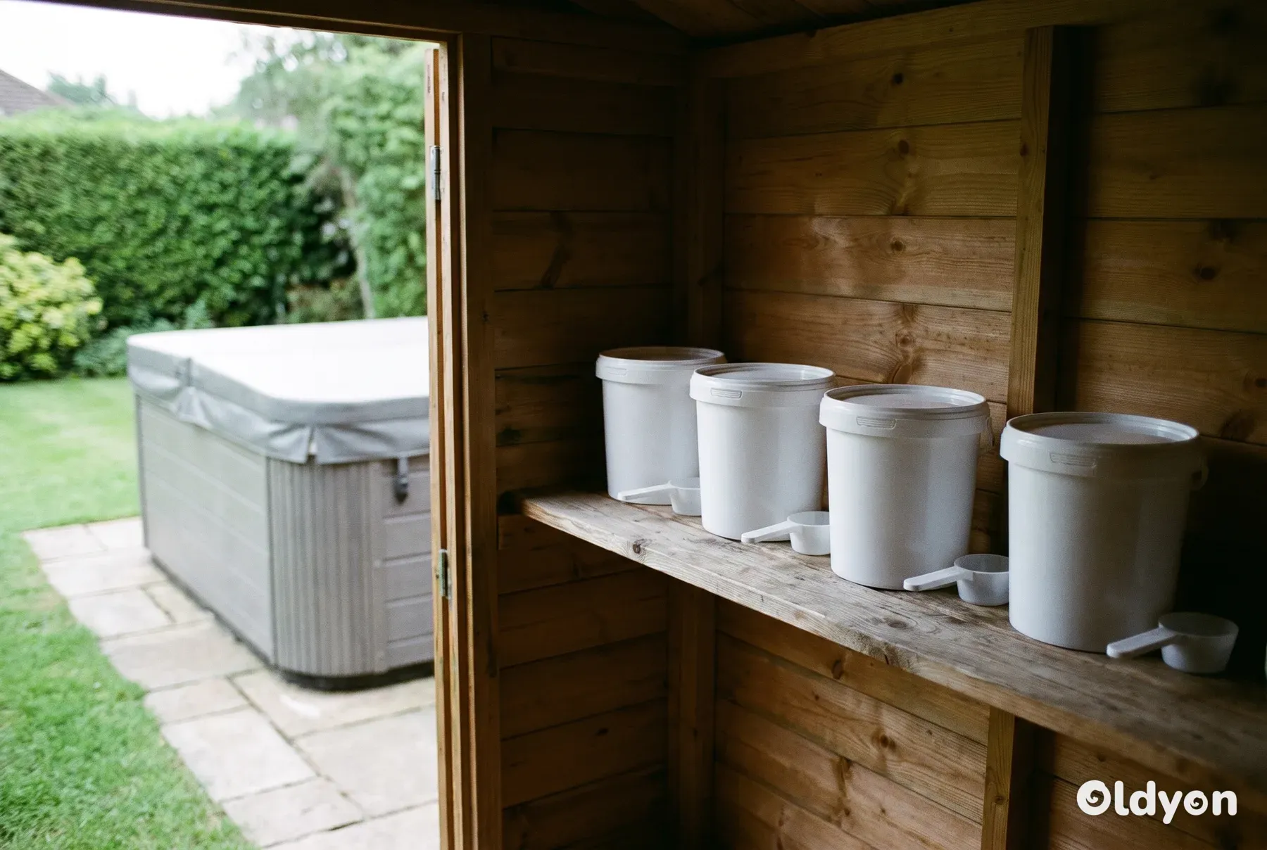 Pots de produits chimiques blancs unis et cuillère de mesure sur une étagère en bois sèche dans un abri de jardin, avec un spa couvert à l'extérieur
