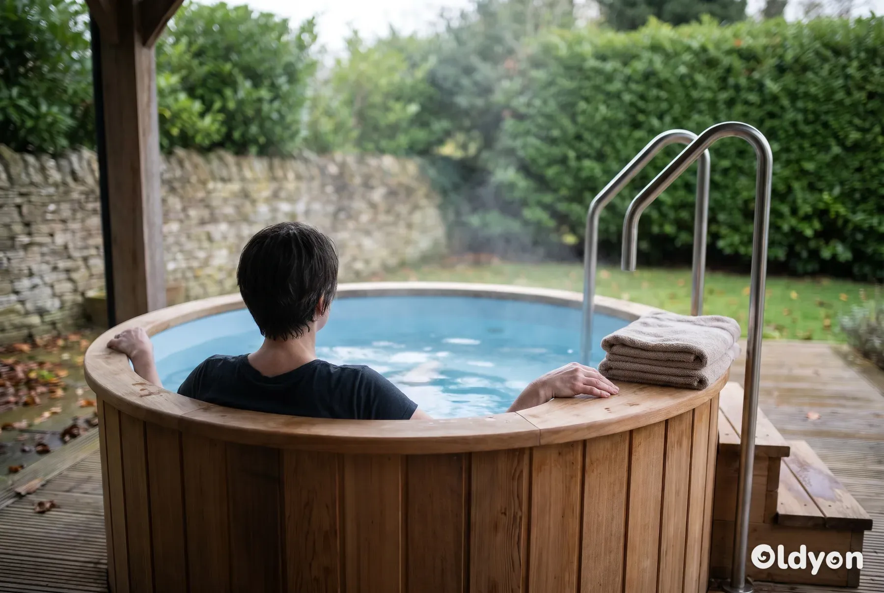 Persona vista de espaldas apoyando las manos en el borde de un jacuzzi humeante en un tranquilo jardín británico