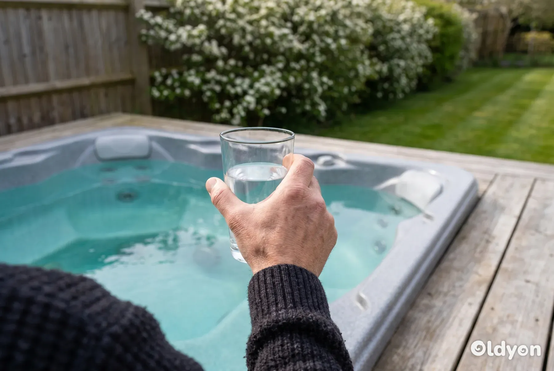 Eine Hand hält ein durchsichtiges Glas mit Whirlpool-Wasser neben einem offenen Whirlpool in einem britischen Garten ins Licht