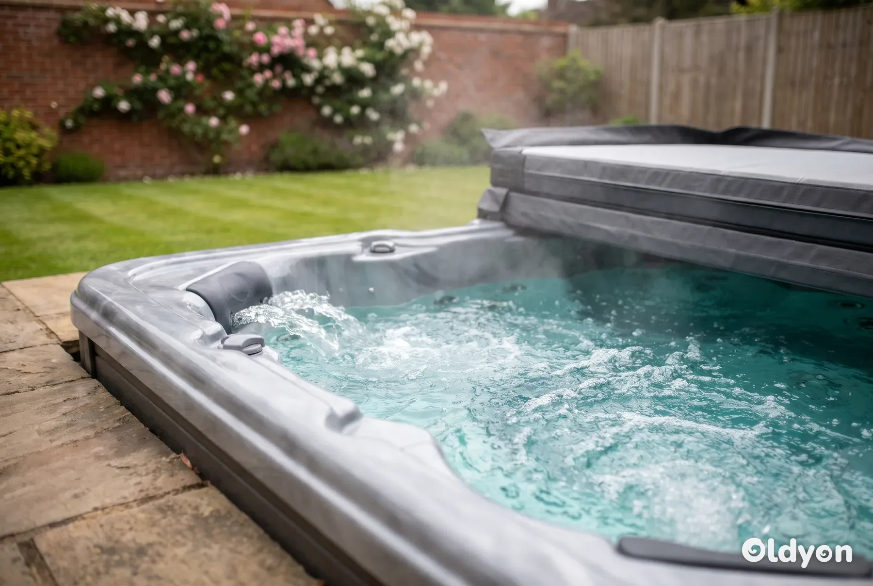 Spa sur une terrasse en pierre dans un jardin anglais avec l'eau bouillonnant fortement des jets dans un siège d'angle