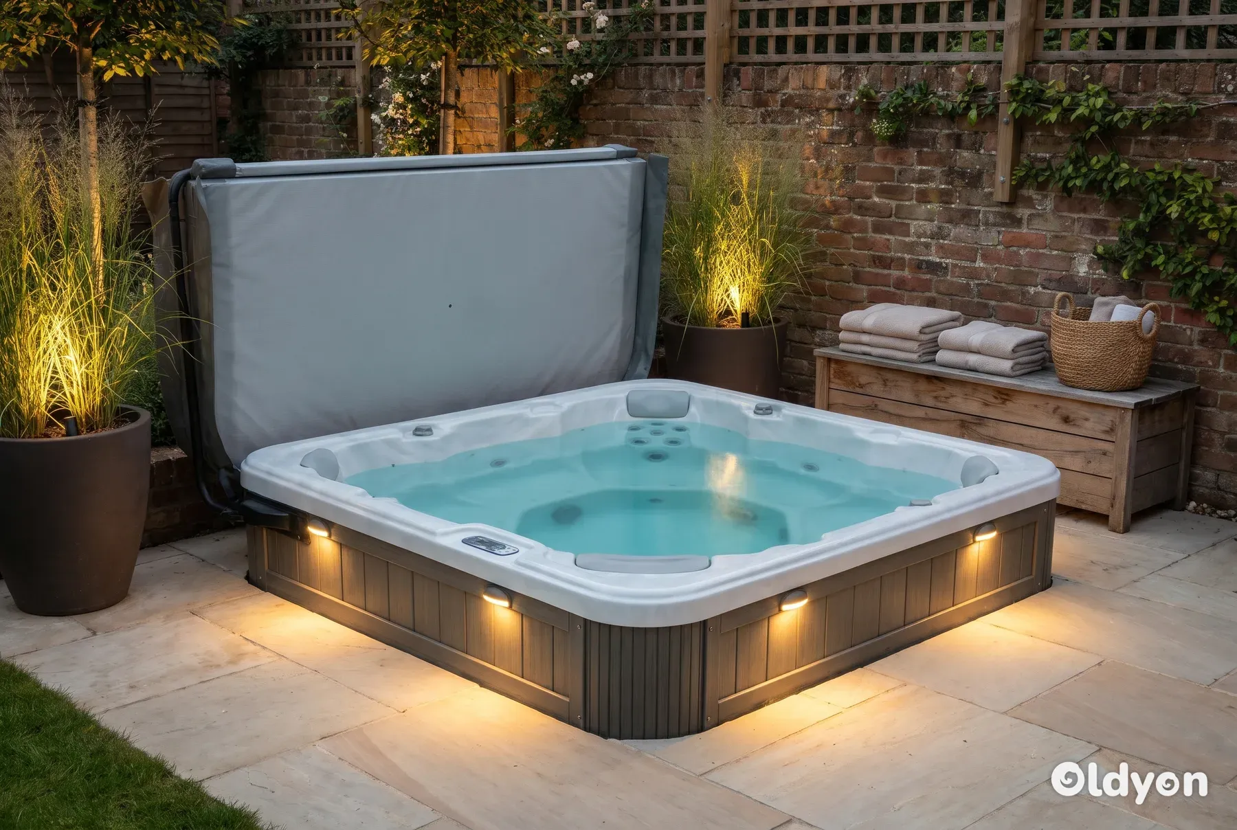 Hot tub on a stone patio at dusk with warm low lighting, potted grasses and a timber storage bench beside it