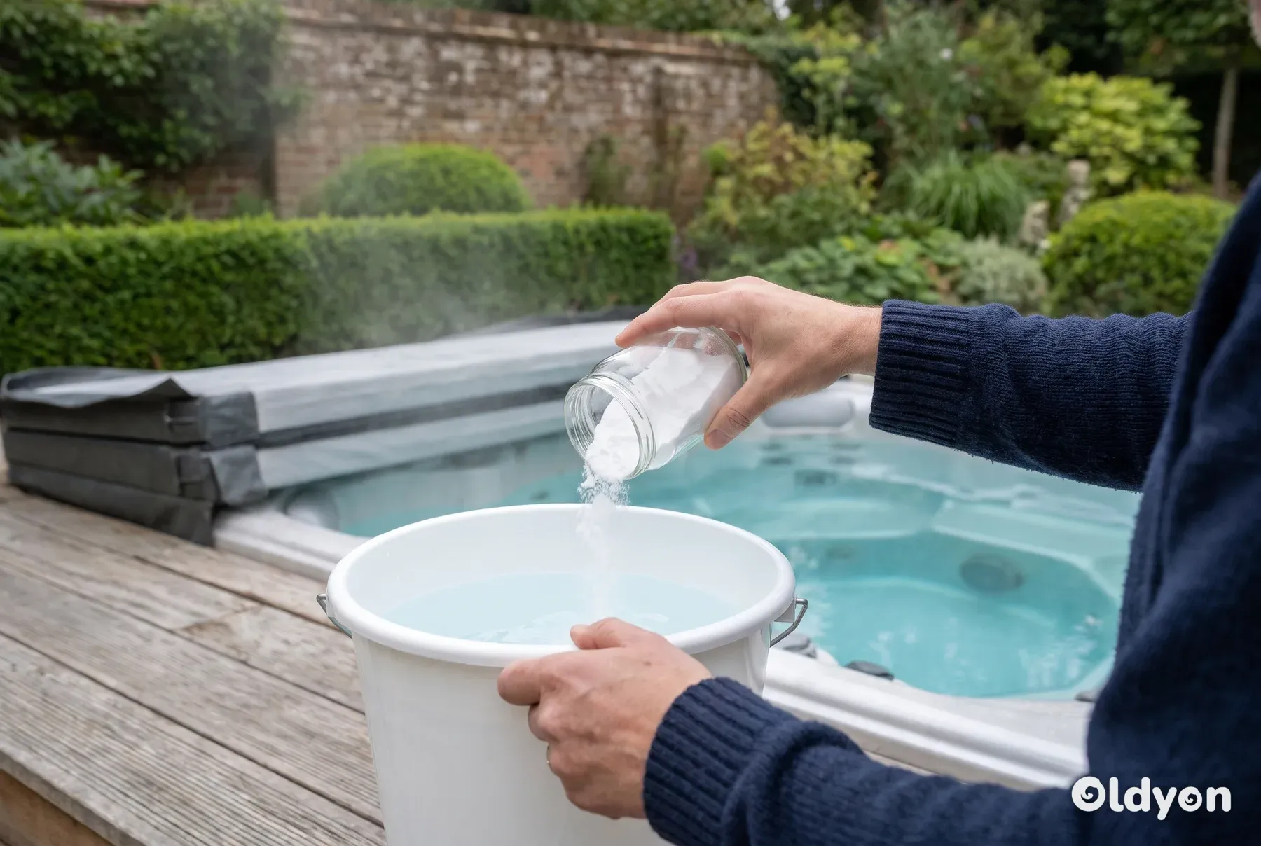 Hands pouring bicarbonate of soda into a bucket of water beside an open hot tub in a British garden