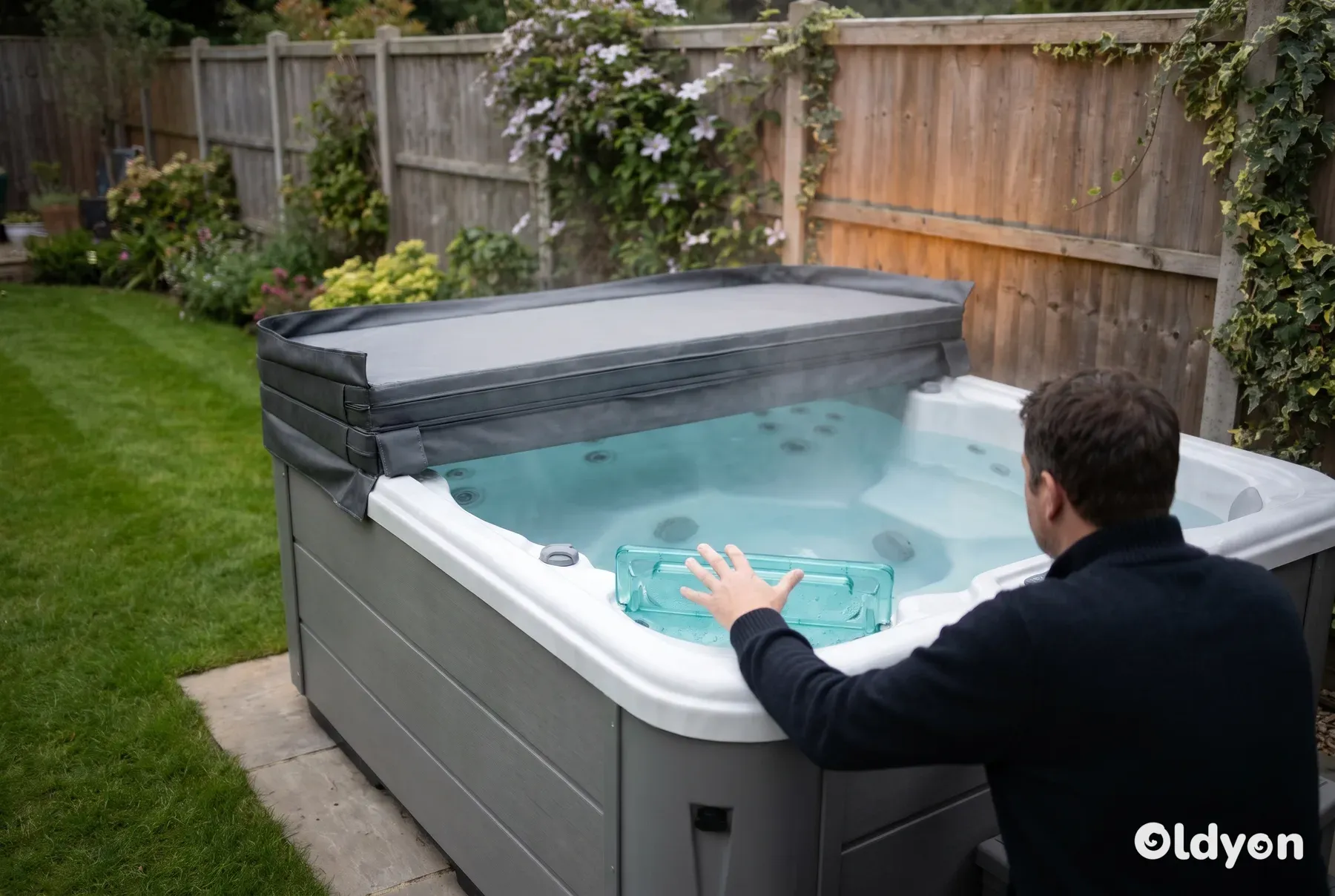 Personne vue de dos à côté d'un spa en acrylique ouvert avec des sièges à jets amovibles dans un jardin britannique