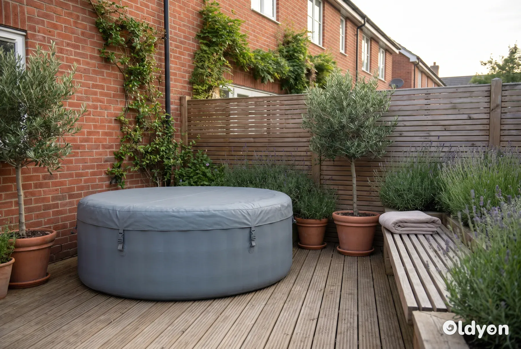 Covered round hot tub on a sunny ground-level timber deck beside a brick terraced house in a small British garden