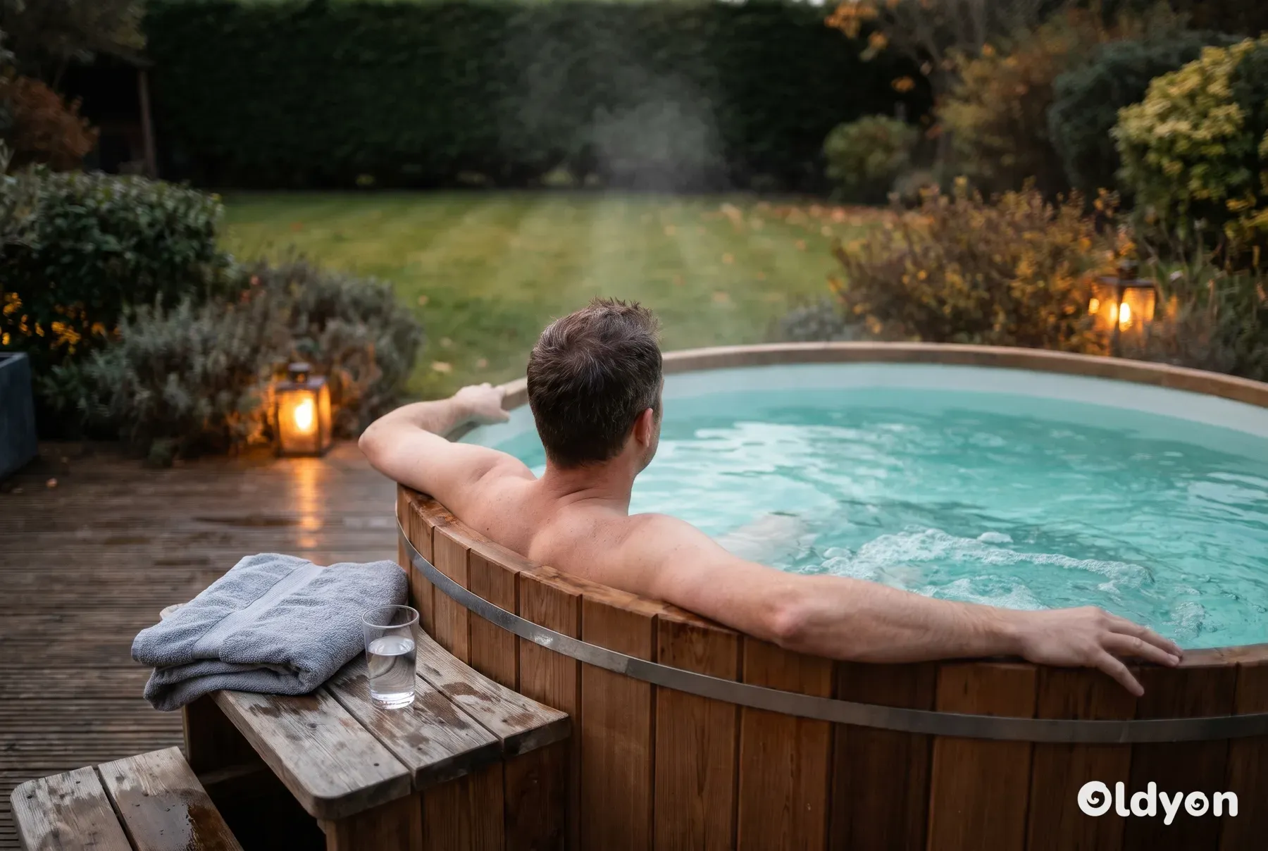 Persona vista de espaldas sentada en un jacuzzi humeante en un jardín británico al anochecer, con los brazos apoyados en el borde