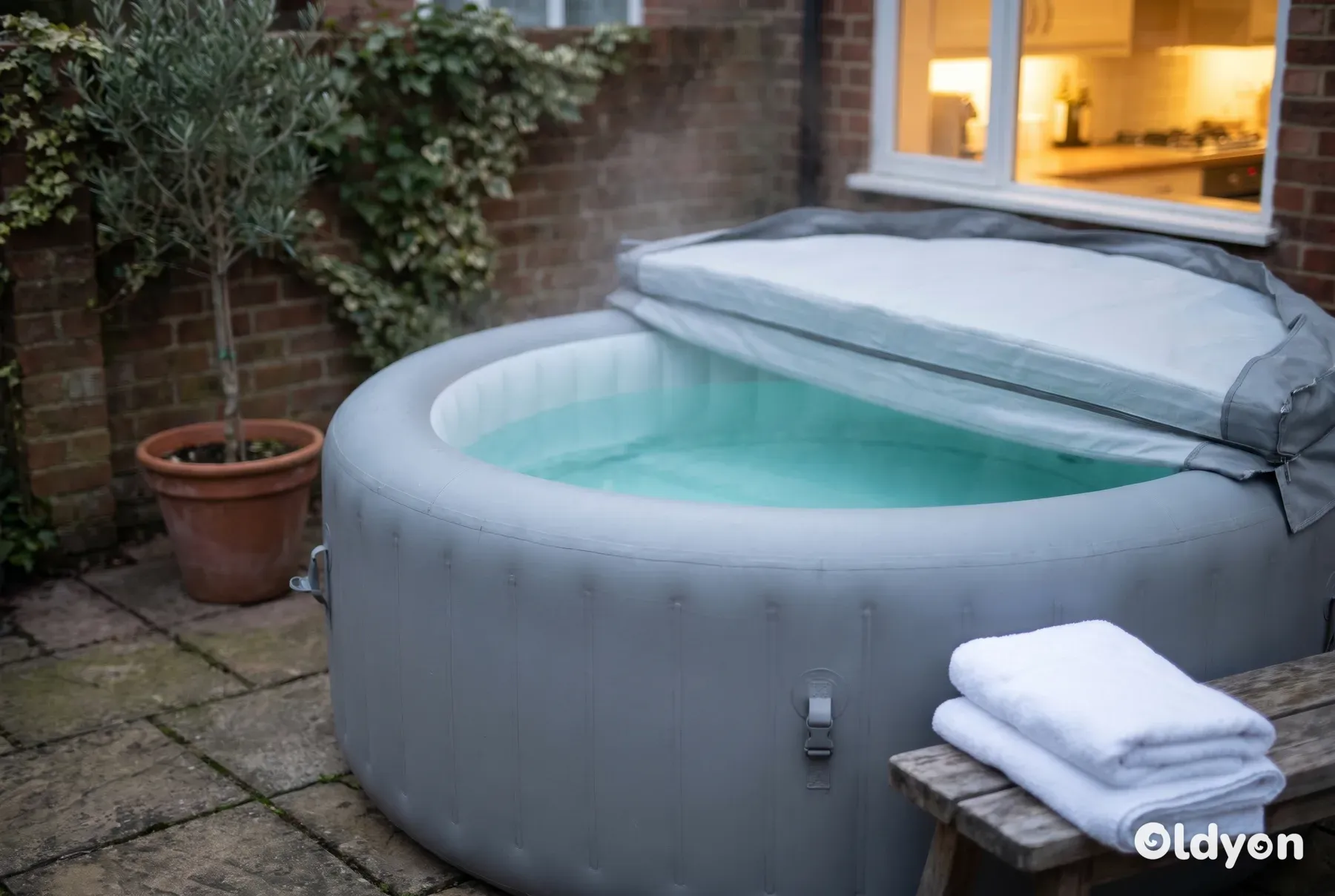 Compact round inflatable hot tub with gentle steam rising on a paved patio in a small British garden at dusk