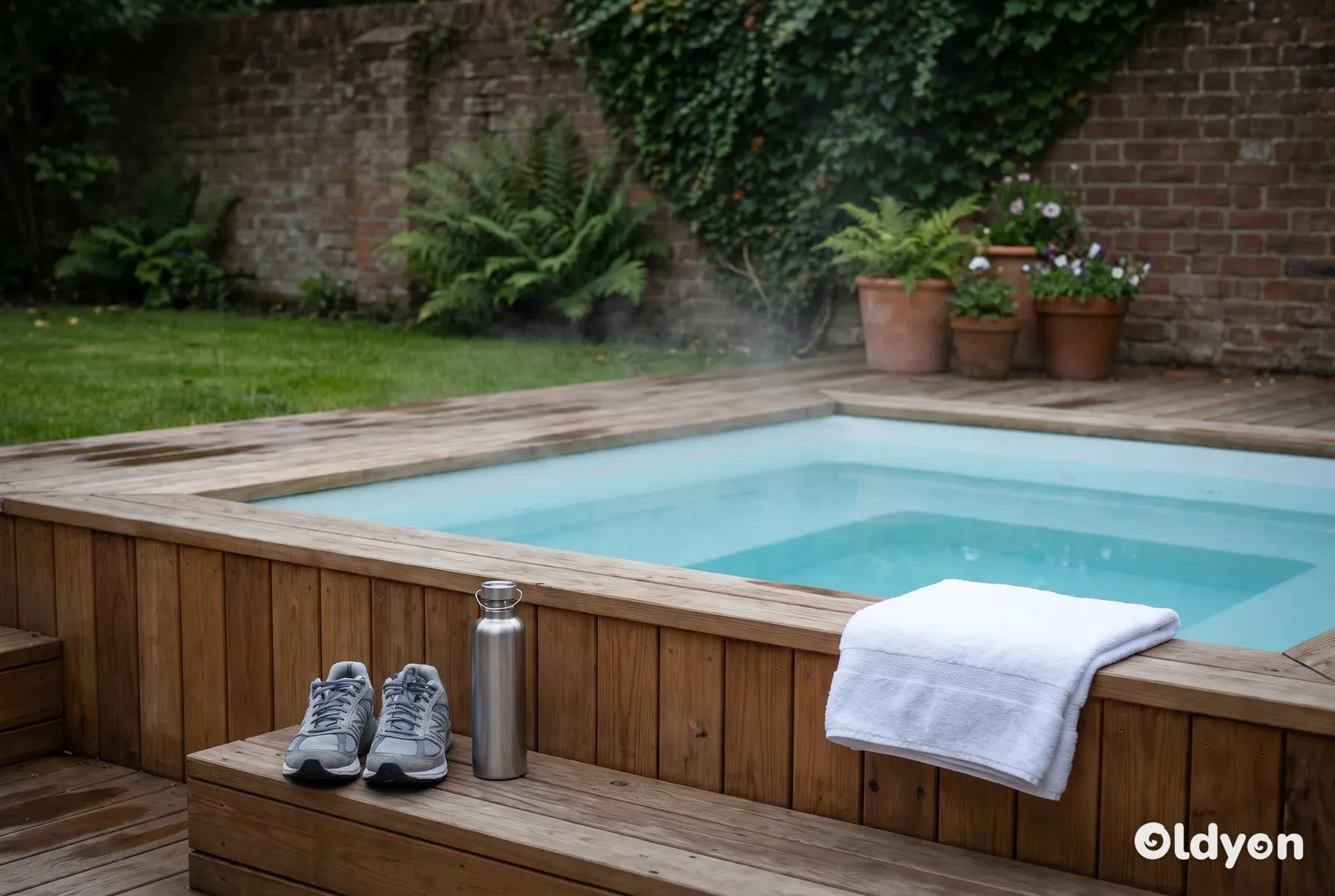 Jacuzzi humeante en un jardín británico al anochecer, con zapatillas de correr y una botella de agua en el escalón de madera
