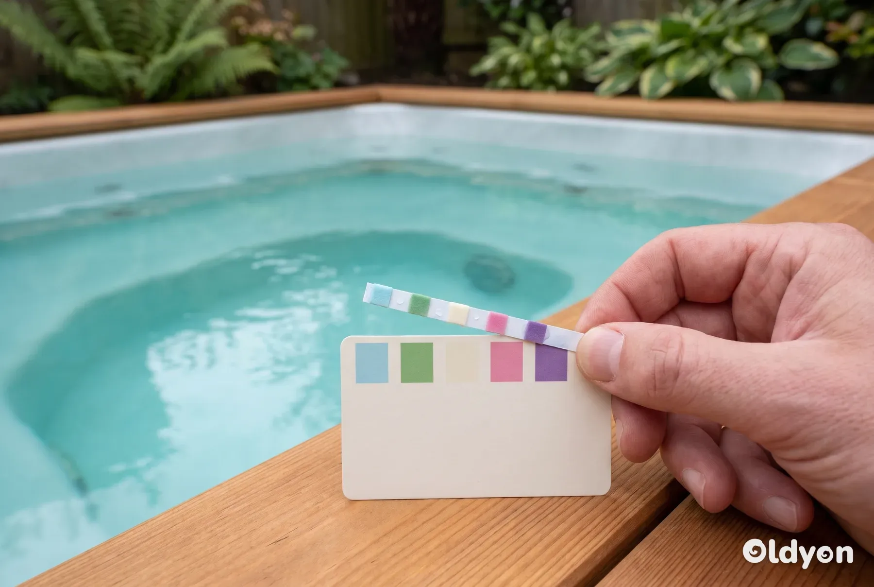 Una mano tiene una striscia reattiva per l'acqua vicino ai campioni di colore corrispondenti sopra l'acqua limpida di una vasca idromassaggio.