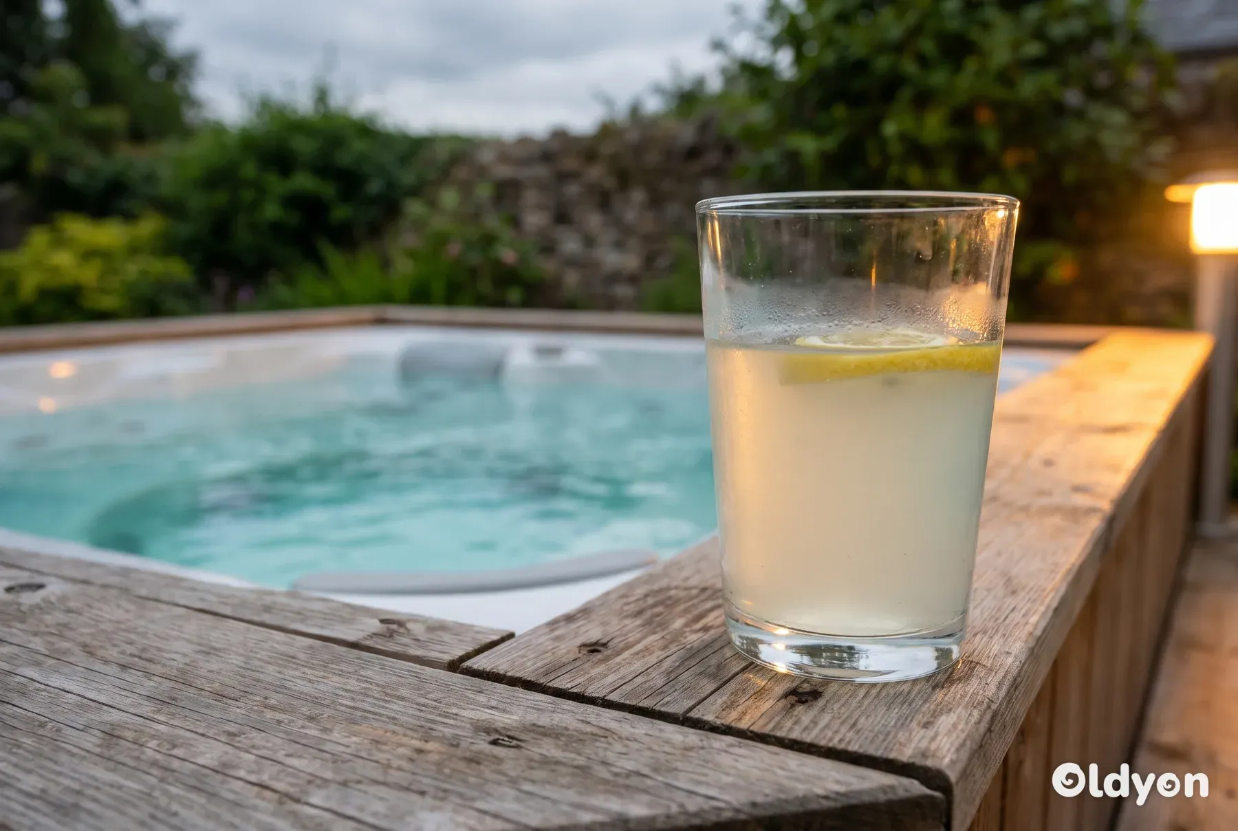 Et glas med en lysegul elektrolytdrik, der står på en træterrasse ved siden af et spabad.
