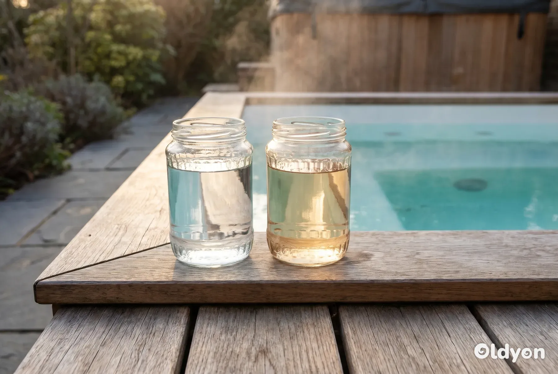 To glas uden etiket står på trækanten af en udespa med dampende vand i baggrunden.