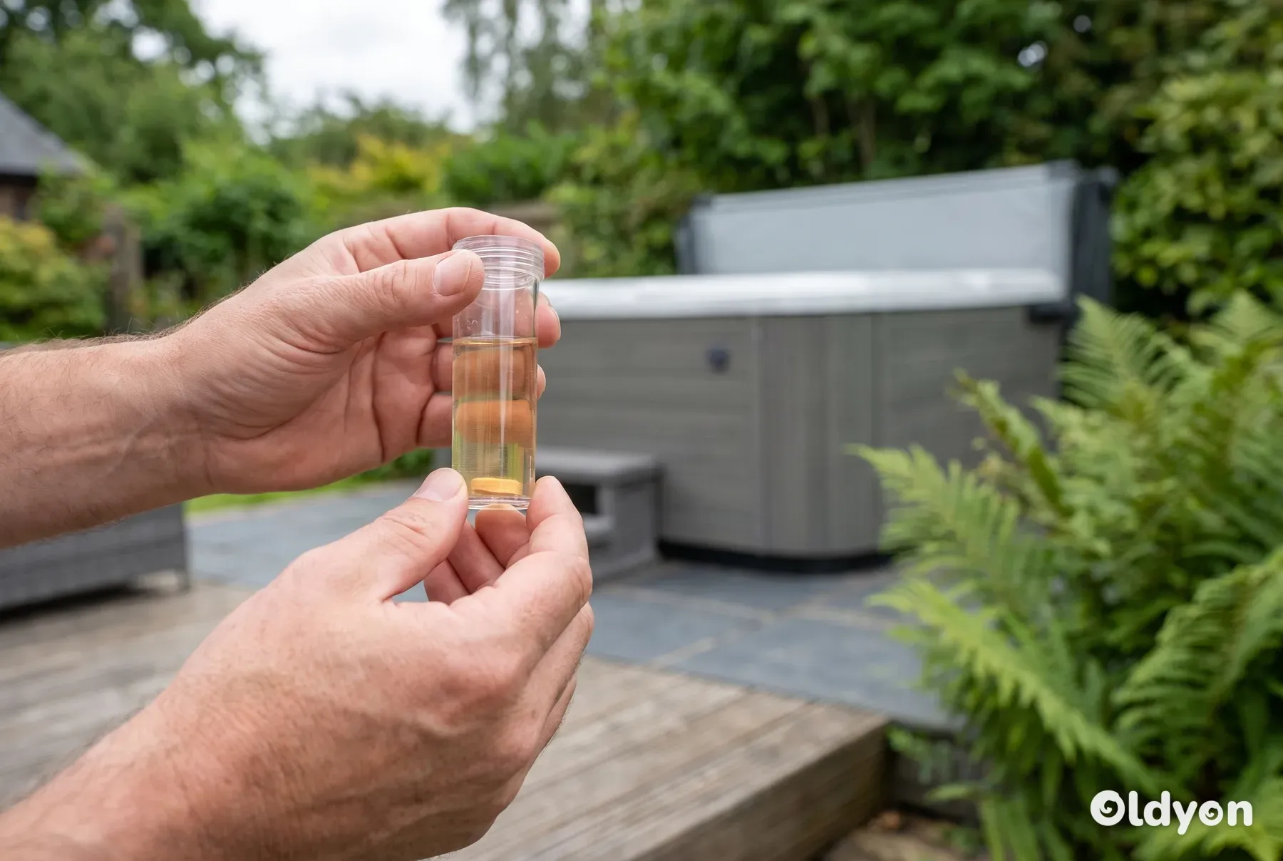 To hænder holder et gennemsigtigt plastikrør med spavand op mod det bløde, naturlige lys.