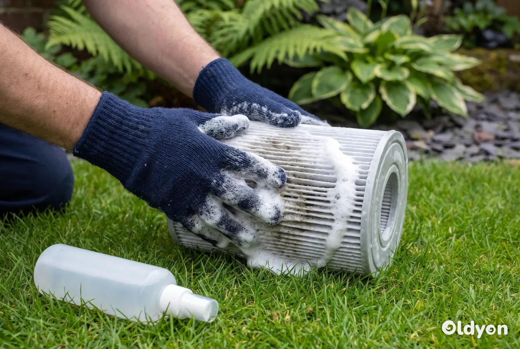 Mani con guanti che fanno penetrare uno spray sgrassante in schiuma bianca tra le pieghe di un filtro per vasca idromassaggio sull'erba.