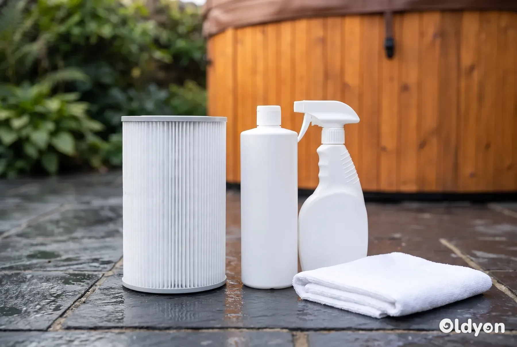 Un filtro per vasca idromassaggio pulito in piedi accanto a flaconi neutri e senza etichetta di soluzioni detergenti specifiche su una pavimentazione in ardesia.