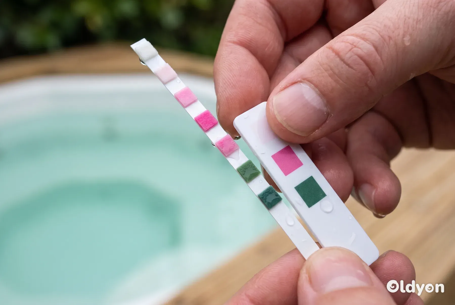 Delle dita bagnate tengono una striscia reattiva chimica accanto a dei semplici campioni di colore con l'acqua sullo sfondo.