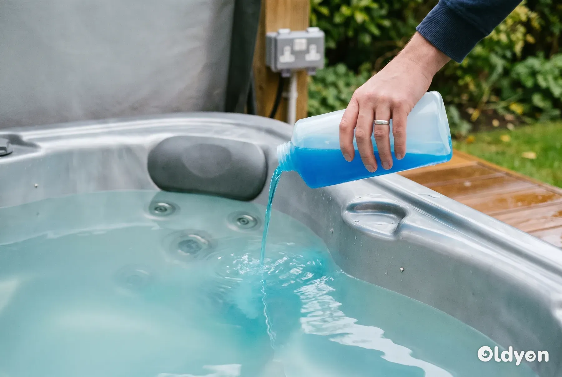 Una mano versa un liquido azzurro brillante da un flacone senza etichetta nell'acqua leggermente velata della vasca idromassaggio.