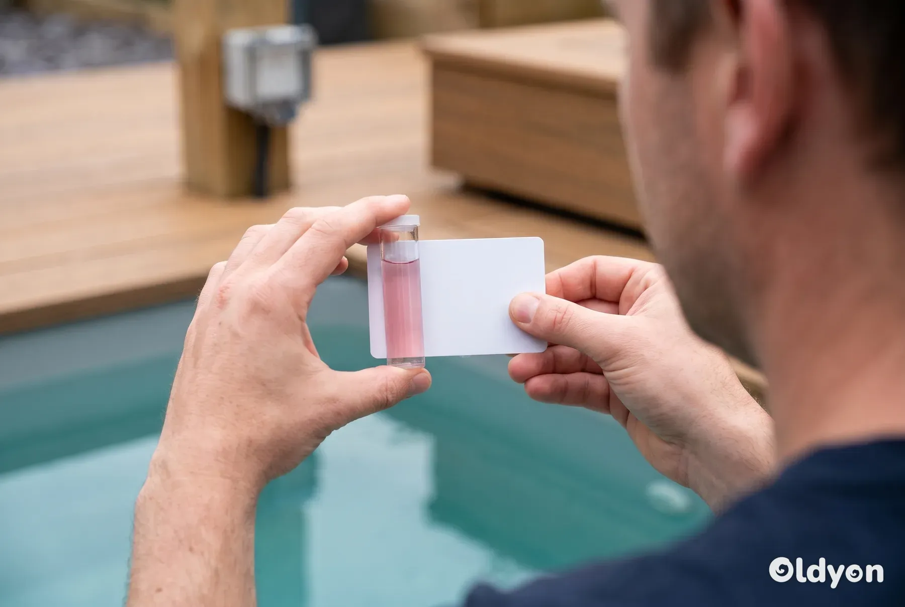Mani che tengono una fiala per il test dell'acqua contro uno sfondo bianco vuoto per controllare il livello di durezza calcica.