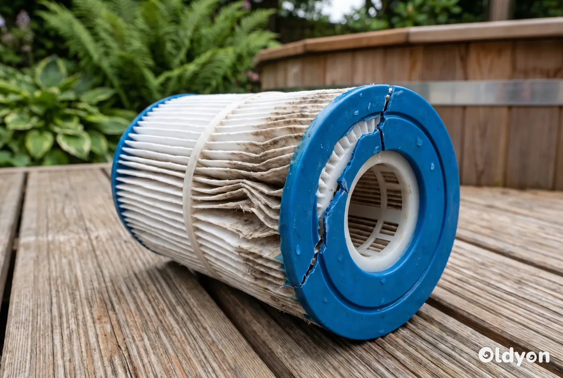 Nærbilde av et slitt boblebadfilter som viser frynsete papirfolder og et sprukket endelokk av plast.