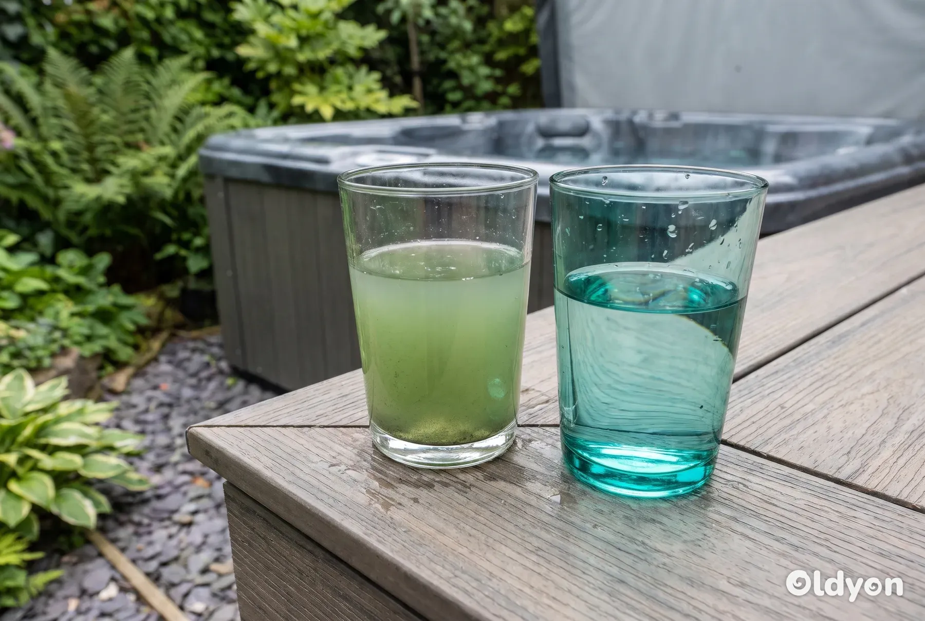 Två dricksglas på ett trädäck visar grumligt grönt vatten bredvid klart blågrönt vatten.