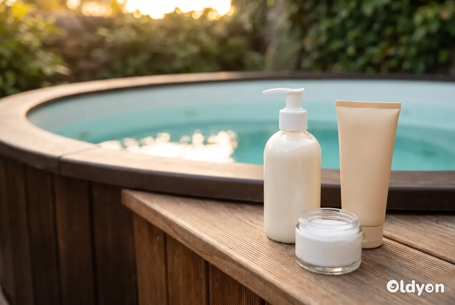 Flasker uden etiket med lotion og solcreme på en træterrasse ved siden af et udendørs spabad.