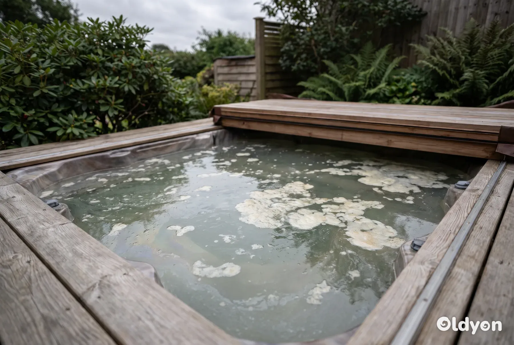 Grumset og uklart vand i et spabad med en fedtet hinde på overfladen, der viser dårlig vandvedligeholdelse.